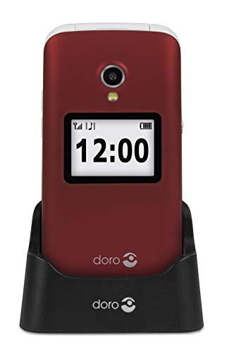 Doro 2424 Teléfono Móvil 2G para Mayores con Tapa con Teclas Grandes, Pantalla Externa, Botón SOS y Base de Carga [Versión Española y Portuguesa] (Rojo/Blanco)