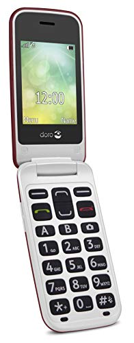 Doro 2424 Teléfono Móvil 2G para Mayores con Tapa con Teclas Grandes, Pantalla Externa, Botón SOS y Base de Carga [Versión Española y Portuguesa] (Rojo/Blanco)