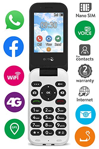 Doro 7030 Teléfono Móvil 4G Dual SIM con Tapa para Mayores con Whatsapp para Videollamadas, Facebook, Botón de Asistencia con GPS y Base de Carga [Versión Española y Portuguesa] (Negro)