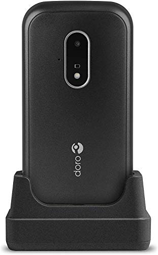 Doro 7030 Teléfono Móvil 4G Dual SIM con Tapa para Mayores con Whatsapp para Videollamadas, Facebook, Botón de Asistencia con GPS y Base de Carga [Versión Española y Portuguesa] (Negro)