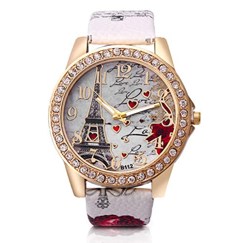 Dosige Torre Eiffel Amor Pulsera del Reloj Reloj de Cuarzo de Pulsera Mujeres Accesorios de Moda（ Blanca）