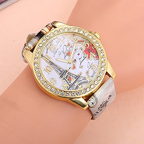 Dosige Torre Eiffel Amor Pulsera del Reloj Reloj de Cuarzo de Pulsera Mujeres Accesorios de Moda（ Blanca）