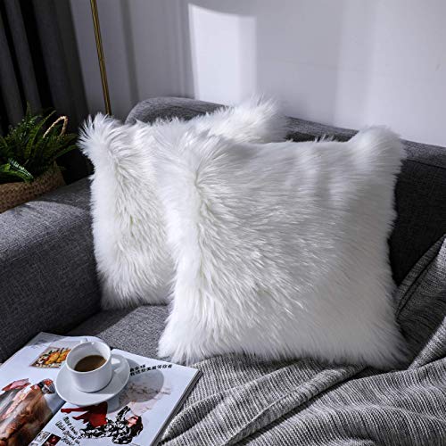 DQMEN 2Pcs Funda Cojines, Funda Almohada de Suave Piel sintética de Lana, Cojín Cubierta Tiro Funda de Almohada Sofá Decoración 45cm x 45cm (2Pcs Blanco, 45 x 45cm)