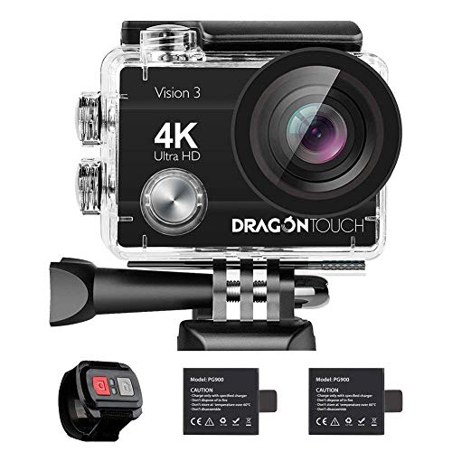 Dragon Touch Cámara Deportiva 4K WiFi 16MP Cámara de Acción con Control Remoto Cámara Sumergible Acuática 30m Impermeable 170° Gran Angular Videocámara con 2 Baterías Multi Accesorios (Vision 3)