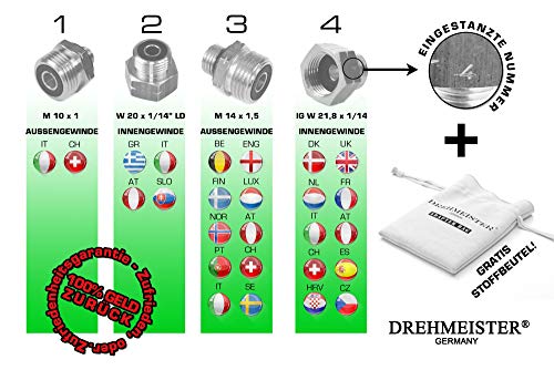 Drehmeister Juego de conexión de bombonas de Gas Europa para la Retirada - conexión de Equipos KLF alemanes a bombonas de Gas extranjeras - No 1-4 Completo