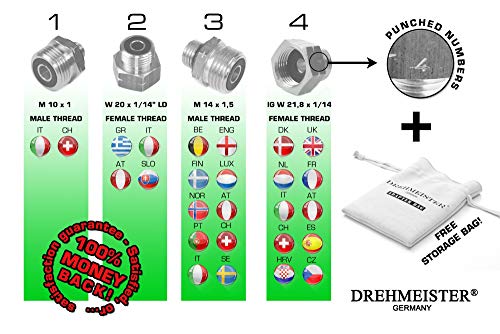 Drehmeister Juego de conexión de bombonas de Gas Europa para la Retirada - conexión de Equipos KLF alemanes a bombonas de Gas extranjeras - No 1-4 Completo