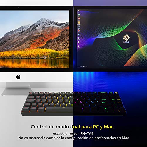 DREVO Calibur V2 TE 60% Teclado Mecánico para Juegos, Distribución QWERTY Españo, Compacto de 72 Teclas, Compatible con PC/Mac, USB Tipo C extraíble, Negro, Interruptor Outemu Marrón