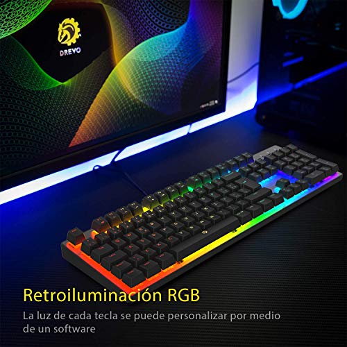 DREVO Tyrfing V2 105Key RGB Teclado Mecánico Gaming con Cable USB diseño Completo Programable Macro Soporte de Software Outemu Clicky Interruptor Azul, QWERTY Distribución Español