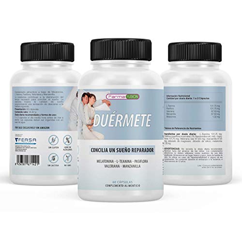 Duérmete | Melatonina Pura con L-Teanina, Valeriana, Pasiflora y Manzanilla | Elimina el Insomnio | Mejora la calidad del Sueño | Induce un Sueño Natural y Reparador | Efecto Rápido | 60 Cápsulas