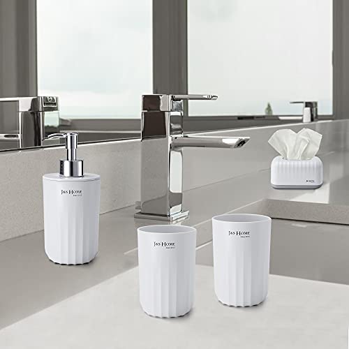 DUFU Juego de 8 Accesorios de Baño Conjunto Accesorios para Lavabo Set Incluye Cepillo de Baño Jabonera Dispensador de Jabón Estante de Cepillo de Dientes Caja de Pañuelos Vasos Cubo de Basura Blanco