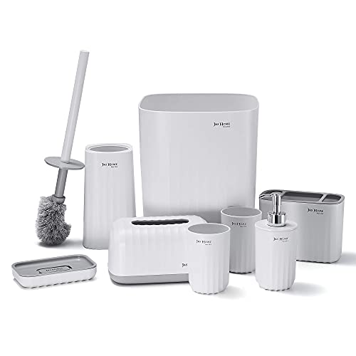 DUFU Juego de 8 Accesorios de Baño Conjunto Accesorios para Lavabo Set Incluye Cepillo de Baño Jabonera Dispensador de Jabón Estante de Cepillo de Dientes Caja de Pañuelos Vasos Cubo de Basura Blanco