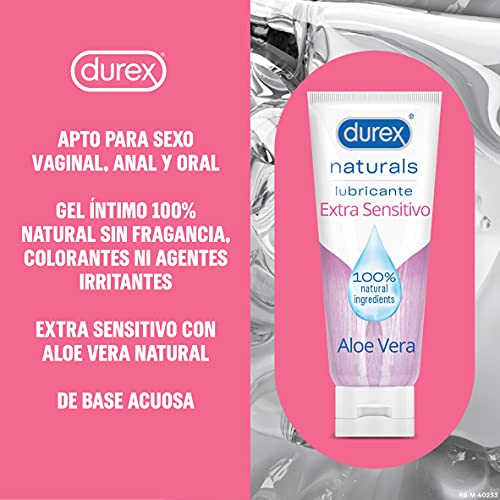 Durex Naturals Extra Sensitivo Lubricante Base Agua, Aloe Vera, % Natural Sin Fragancia, Colorantes ni Agentes Irritantes, 100 Ml