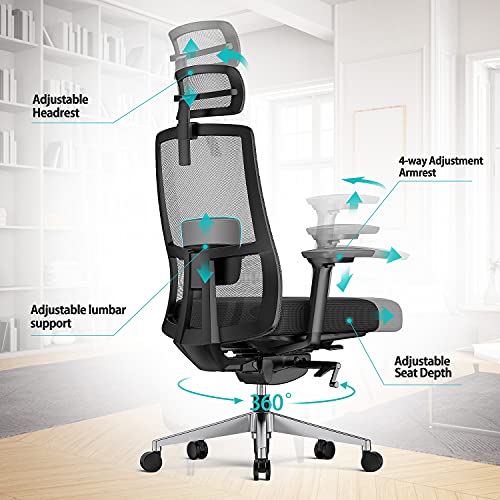 Duwinson Silla ErgonóMica Para Oficina en Casa con Reposabrazos de Ajuste de 4 Direcciones, Respaldo de Ajuste Reclinable,Reposacabezas Ajustable,Soporte Lumbar Acolchado, Asiento Deslizante Giratorio