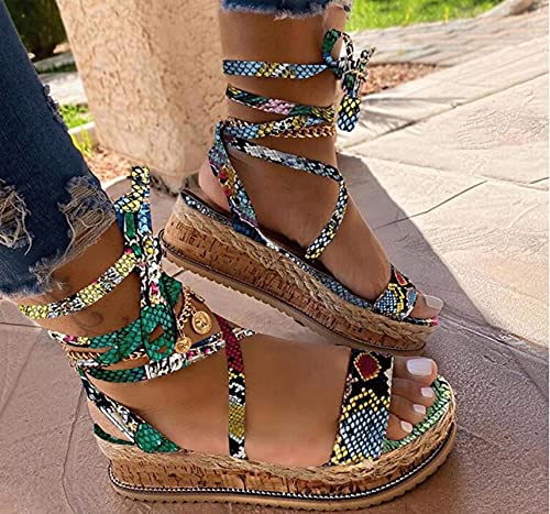 DZQQ Nuevas Sandalias de Verano para Mujer, cuñas, Estampado étnico, Moda, Zapatos Casuales de Serpiente, Zapatos de Mujer con Cordones, Sandalias de Playa de Talla Grande para Mujer