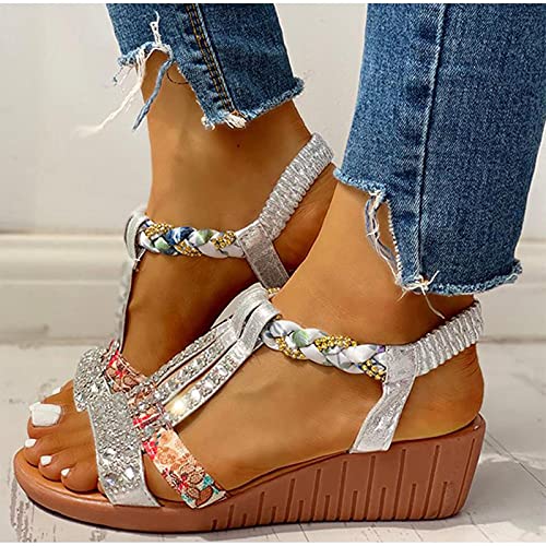 DZQQ Sandalias de Verano para Mujer, Zapatos de cuña con Plataforma Bohemia, Zapatos de Playa de Gladiador de Cristal Roma para Mujer, Banda elástica Informal para Mujer