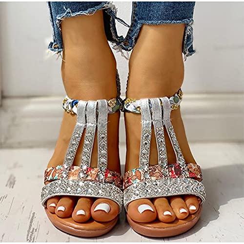 DZQQ Sandalias de Verano para Mujer, Zapatos de cuña con Plataforma Bohemia, Zapatos de Playa de Gladiador de Cristal Roma para Mujer, Banda elástica Informal para Mujer