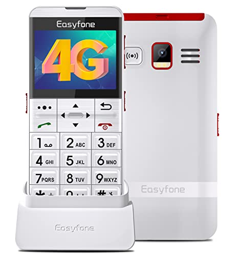 Easyfone Prime-A7 4G Teléfono Móvil para Personas Mayores con Teclas Grandes, Botón SOS con GPS, Compatible con Audífonos, Batería de 1500 mAh con Base de Carga, Sin Contrato (Blanco 4G LTE)