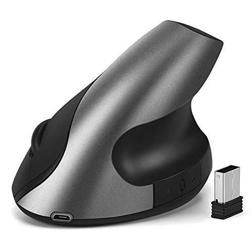 EasyULT Ratón Vertical Inalámbrico, Ratón Portátil óptico Ergonómico Recargable 2.4 G, 800/1200/1600 dpi 3 Niveles Ajustable, 6 Botones, para PC/portátil/Mac-Gris