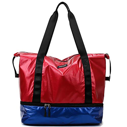 Eco Memos Bolsa Deportiva para Mujer Bolsa de Viaje Impermeable con Bolsillo Mojado y Compartimento para Zapatos, Bolsa de Fitness Bolsa de Mano de Gran Capacidad (Rojo Azul)