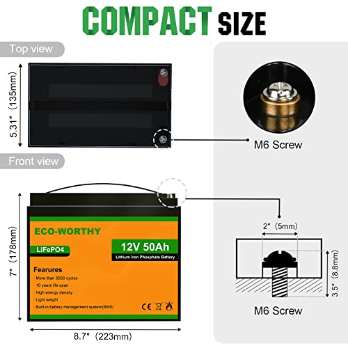 ECO-WORTHY 12V 50Ah Batería recargable de fosfato de litio y hierro LiFePO4 con más de 3000 veces de ciclo profundo y protección BMS para kit de panel solar, scooter, RV, marino, hogar