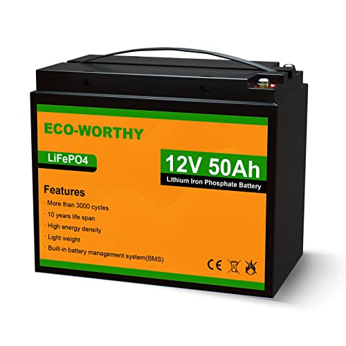 ECO-WORTHY 12V 50Ah Batería recargable de fosfato de litio y hierro LiFePO4 con más de 3000 veces de ciclo profundo y protección BMS para kit de panel solar, scooter, RV, marino, hogar