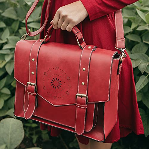 ECOSUSI Bolso de Maletín de Cuero PU para Mujer Bolso de Hombro Bolso de Mensajero para Computadora Portátil Vintage para Mujer Bolso de Trabajo de 14.7 Pulgadas Rojo