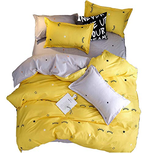 ED-Lumos Juego de Ropa de Cama Microfibra ４Piezas para Cama 105cm Funda nórdica 180x220cm Sábana encimera 230x230cm Funda de Almohada 48x74cm Estrellas pequeñas y Pestañas Lindas