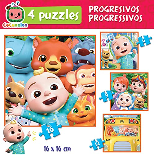 Educa 19138 Cocomelon. Set de 4 Puzzles progresivos de 6, 9, 12 y 16 Piezas. A Partir de 36 Meses, Color Cranberry