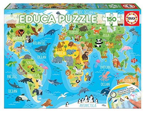 Educa - Mapamundi Animales Puzzle Infantil de 150 Piezas, a Partir de 6 años (18115) + Puzzle Infantil Selfie Bajo el Agua, 100 Piezas, Color Variado, Color/Modelo Surtido (18062)