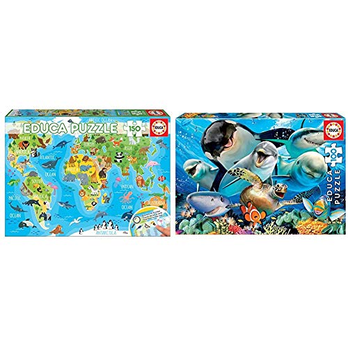 Educa - Mapamundi Animales Puzzle Infantil de 150 Piezas, a Partir de 6 años (18115) + Puzzle Infantil Selfie Bajo el Agua, 100 Piezas, Color Variado, Color/Modelo Surtido (18062)