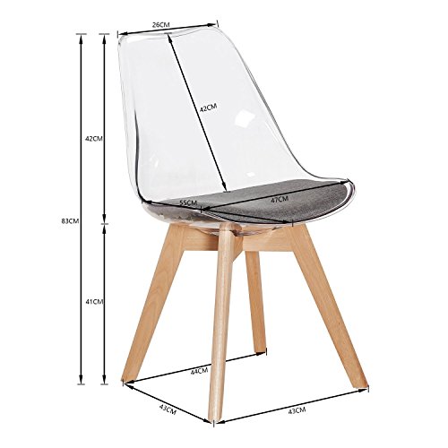 EGGREE Pace de 2 Silla Transparente Policarbonato Sillas Comedor Modernas Sillas Escandinava Acolchada, Pata Madera de Haya