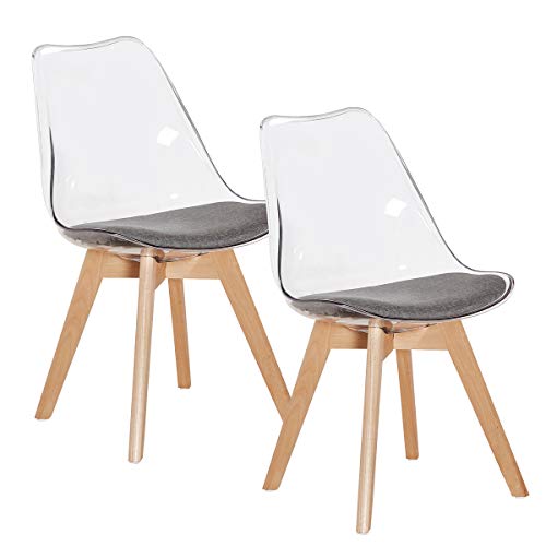 EGGREE Pace de 2 Silla Transparente Policarbonato Sillas Comedor Modernas Sillas Escandinava Acolchada, Pata Madera de Haya