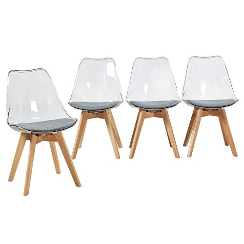 EGGREE Pace de 4 Silla Transparente Policarbonato Sillas Comedor Modernas Sillas Escandinava Acolchada, Pata Madera de Haya