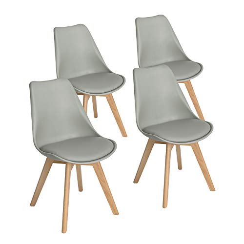 EGGREE Pack de 4 Sillas de Comedor Sillas Cocina Nórdico con Asiento Tapizado y Las piernas de Madera de Haya Maciza - Gris