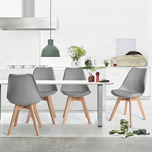 EGGREE Pack de 4 Sillas de Comedor Sillas Cocina Nórdico con Asiento Tapizado y Las piernas de Madera de Haya Maciza - Gris