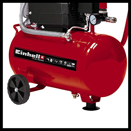 Einhell Compresor TC-AC 190/24/8 (máx. 8 bar, depósito de 24 l, lubricación por aceite, reductor de presión, manómetro + acoplamiento rápido, válvula antirretorno, soporte con tope de goma)