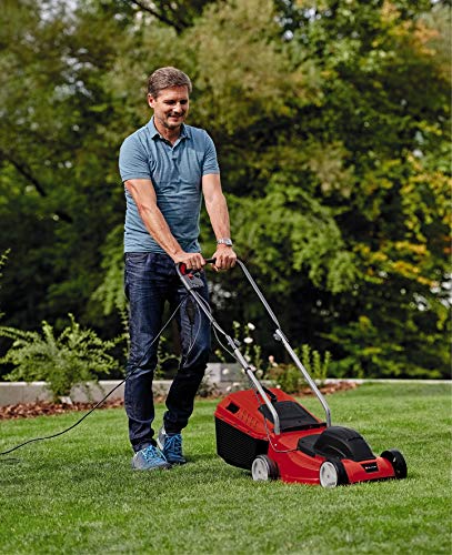 Einhell Cortacésped eléctrico GC-EM 1032 (1000 W, 32 cm de ancho de corte, 30 L, ajuste de la altura de corte en 3 pasos, carril guía plegable, ruedas para salvar el césped)