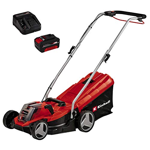 Einhell Cortacésped inalámbrico - GE-CM 18/33 Li PXC. Li-ion, para hasta 200m², función de ajuste de altura de corte central de 5 niveles, batería recargable PXC de 4.0 Ah + cargador