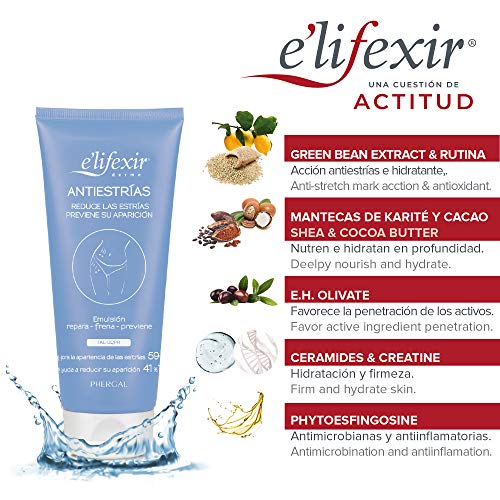 Elifexir Crema Antiestrías, Repara, Frena las Estrías y Previene su Aparición Eficazmente, Piel con Más Elasticidad, Atenua el Color Rosado y la Textura Rugosa - 200ml