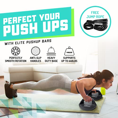 Elite Sportz Equipment Bases/Agarraderas giratorias para Flexiones. para Hombres y Mujeres. Incluye Cuerda de Saltar – Ayudara a Eliminar el Dolor de muñecas causado por Las Flexiones Tradicionales.