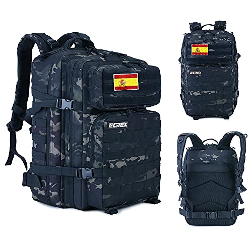 ELITEX Mochila 45L Táctica Militar Bandera España Impermeable Deportiva Caza Aire Libre Deportes Gimnasio Portatil Oxford 900D (Negro CP)