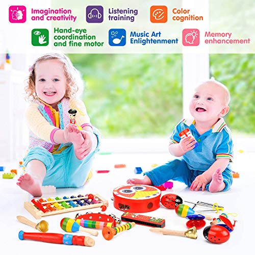 Elover Instrumentos musicales para niños pequeños, instrumentos de percusión de madera, con mochila de almacenamiento, aprendizaje temprano, juguetes musicales ruidosos para niños y niñas