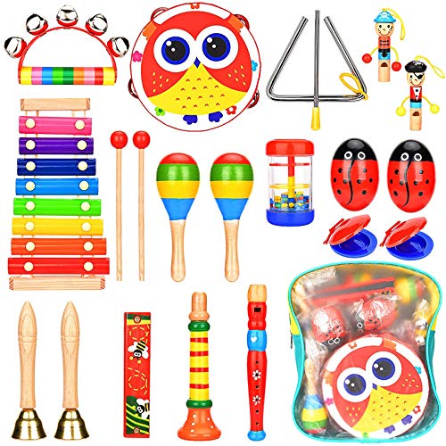 Elover Instrumentos musicales para niños pequeños, instrumentos de percusión de madera, con mochila de almacenamiento, aprendizaje temprano, juguetes musicales ruidosos para niños y niñas