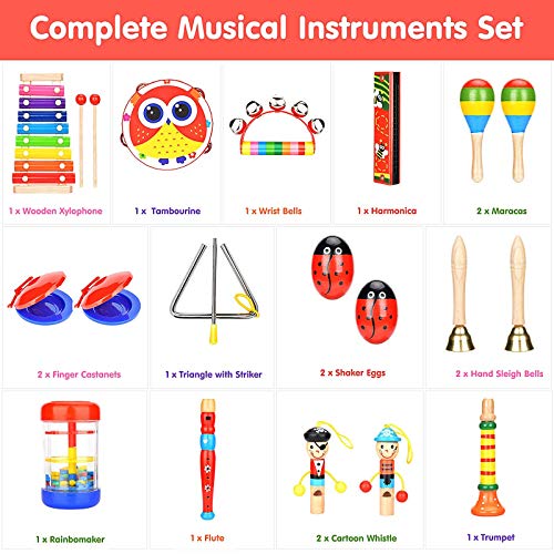 Elover Instrumentos musicales para niños pequeños, instrumentos de percusión de madera, con mochila de almacenamiento, aprendizaje temprano, juguetes musicales ruidosos para niños y niñas