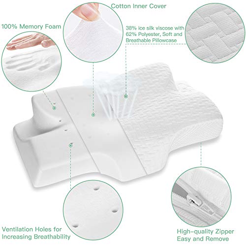 Elviros Almohada Viscoelastica, Almohada Cervical para Relajarse de Dolor del Cuello y Hombro, Almohadas Ortopedica para Durmiente Lateral, Almohada de Diseño Ergonómico para Durmiente Trasero, Blanco