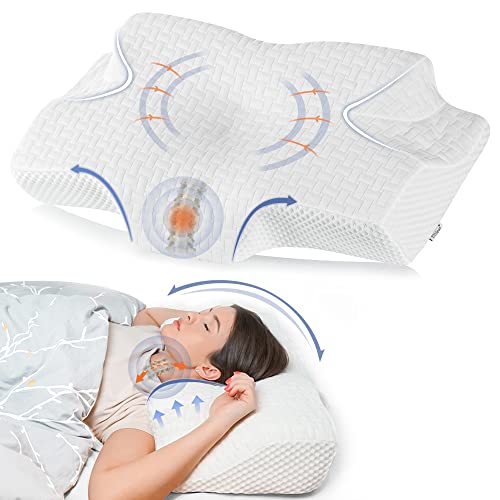 Elviros Almohada Viscoelastica, Almohada Cervical para Relajarse de Dolor del Cuello y Hombro, Almohadas Ortopedica para Durmiente Lateral, Almohada de Diseño Ergonómico para Durmiente Trasero, Blanco