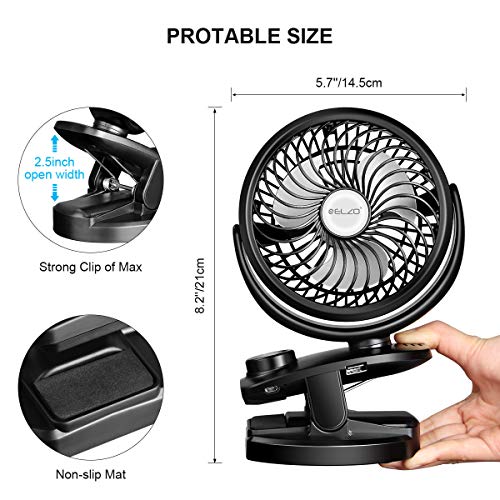 ELZO Mini Ventilador Clip Ventilador 4800mAh Batería Ventilador De Escritorio USB Activado Ventilador Silencioso Pequeño Personal Portátil para la Oficina, Hogar,Viajar, Acampar, Cochecito de Bebé…