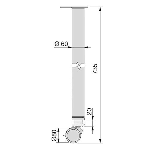 Emuca - Pata regulable para mesa con rueda con freno (Ø 80 x 735 mm) en acero pintado aluminio