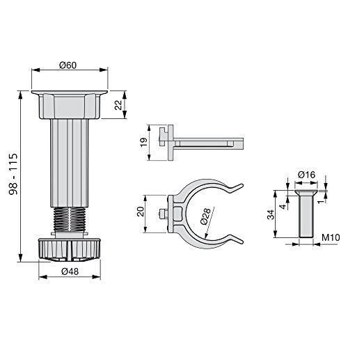 EMUCA - Patas Regulables para Muebles de Cocina o baño, Pack de 4 pies Negros con Accesorios de Montaje, H 100mm