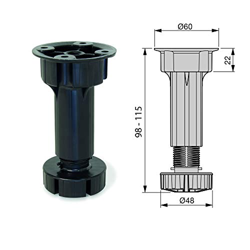 EMUCA - Patas Regulables para Muebles de Cocina o baño, Pack de 4 pies Negros con Accesorios de Montaje, H 100mm